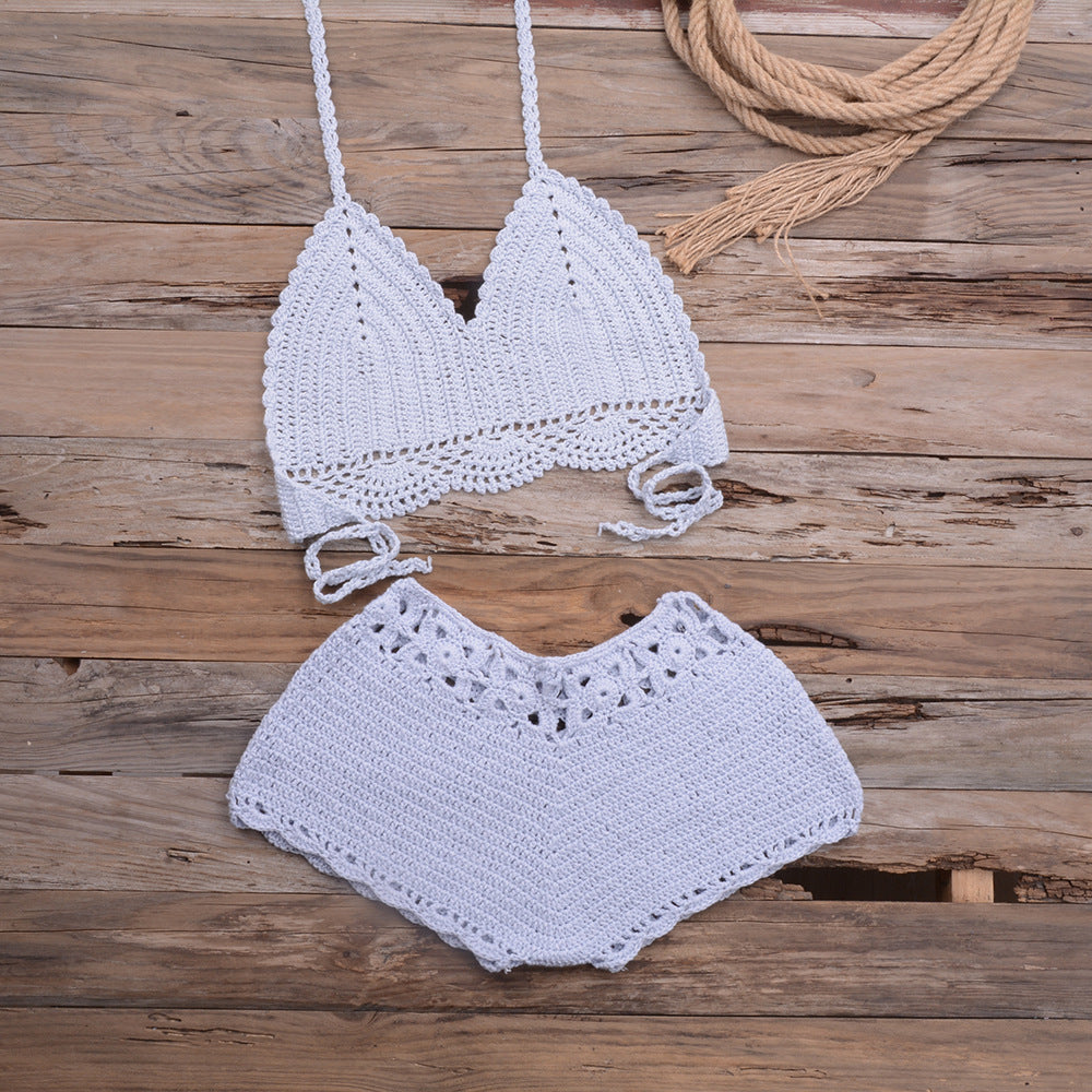 Maillot de bain bikini fendu en dentelle tissée au crochet à la main pour les sports en plein air et les vacances à la plage