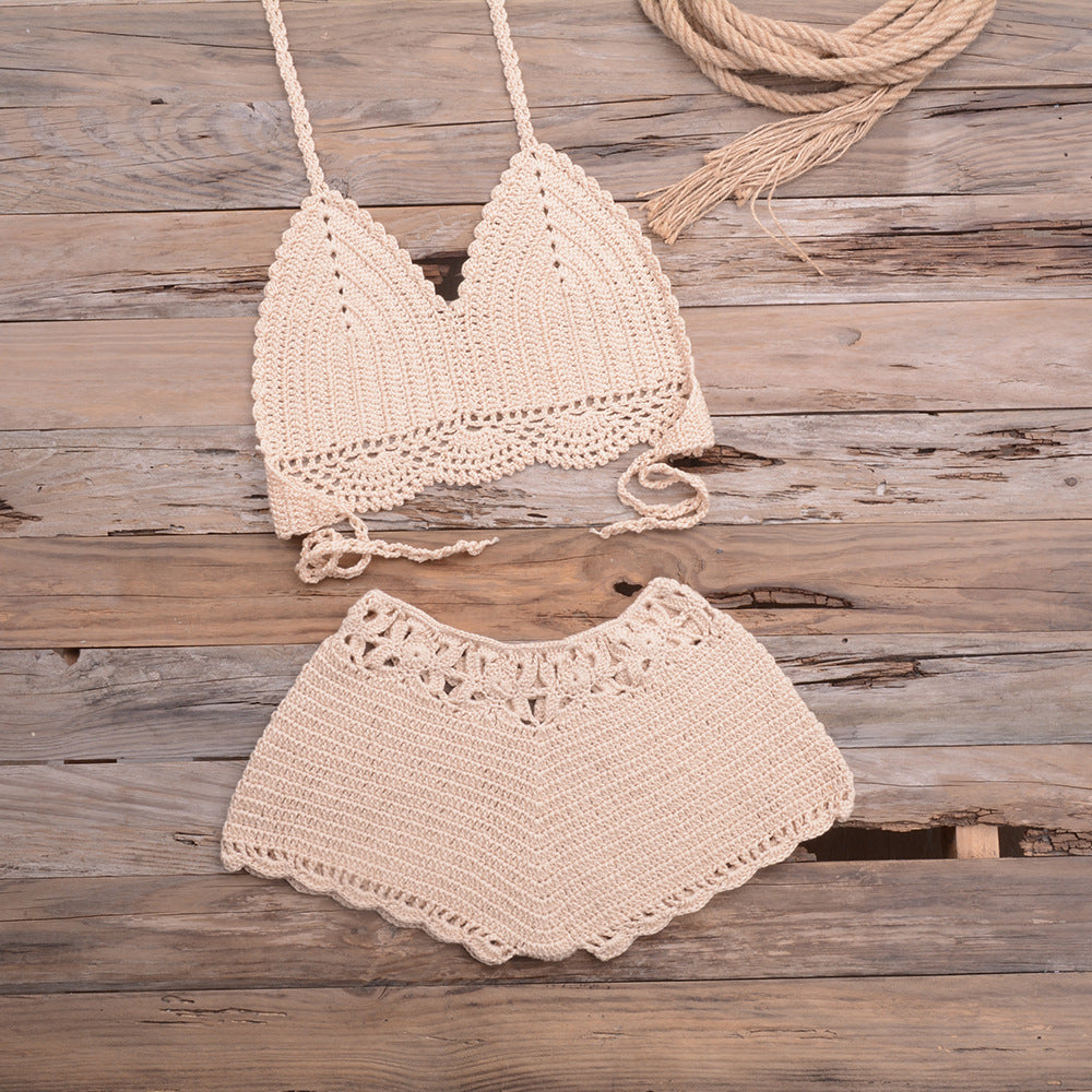 Maillot de bain bikini fendu en dentelle tissée au crochet à la main pour les sports en plein air et les vacances à la plage