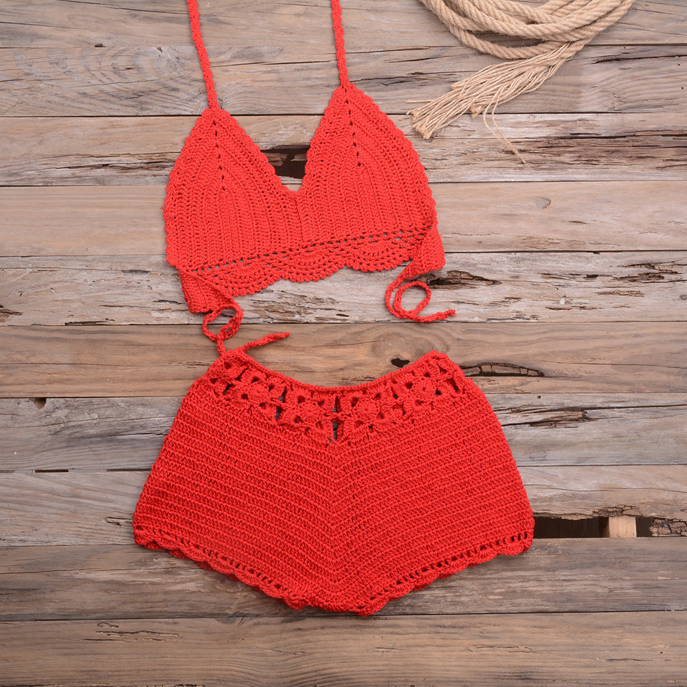 Maillot de bain bikini fendu en dentelle tissée au crochet à la main pour les sports en plein air et les vacances à la plage