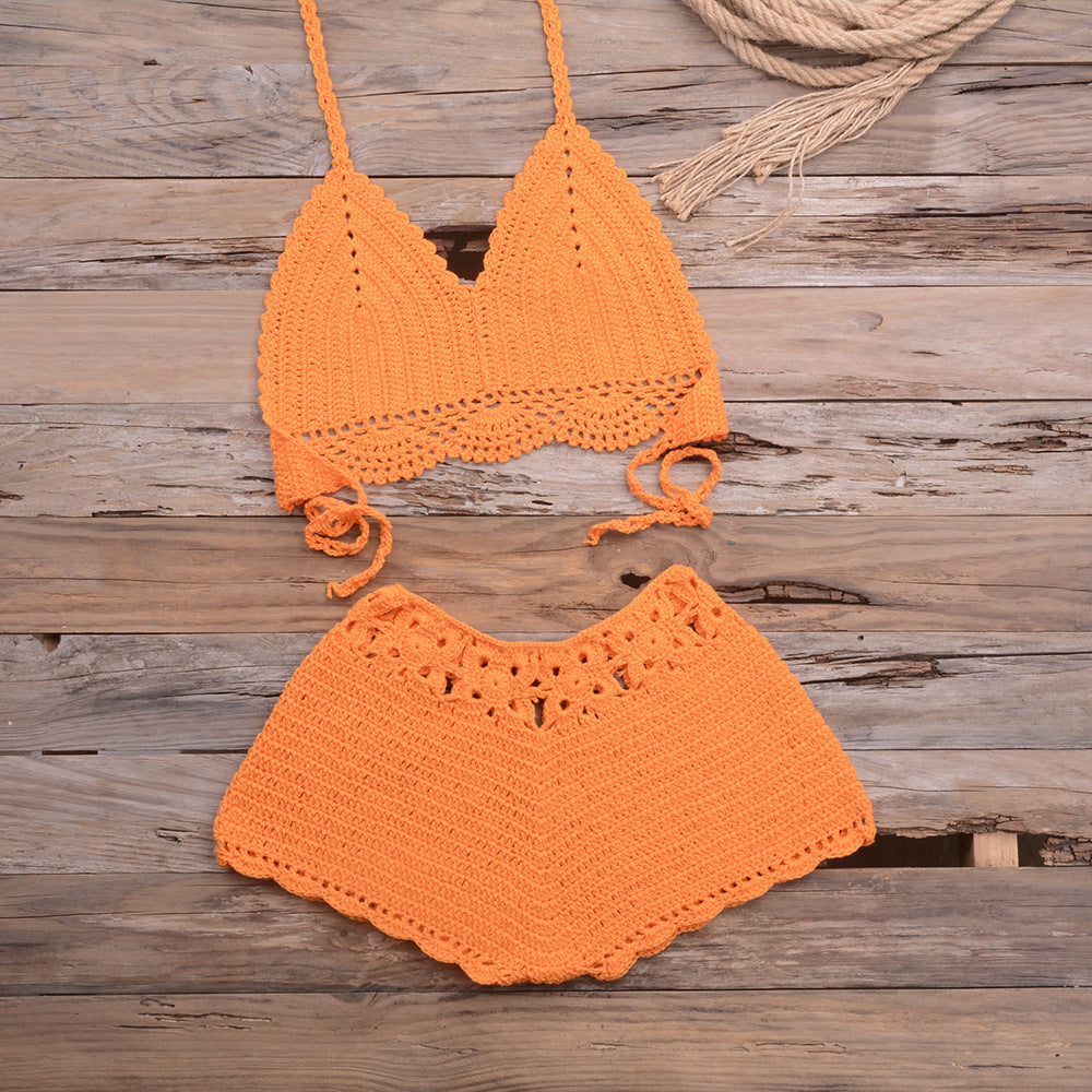 Maillot de bain bikini fendu en dentelle tissée au crochet à la main pour les sports en plein air et les vacances à la plage