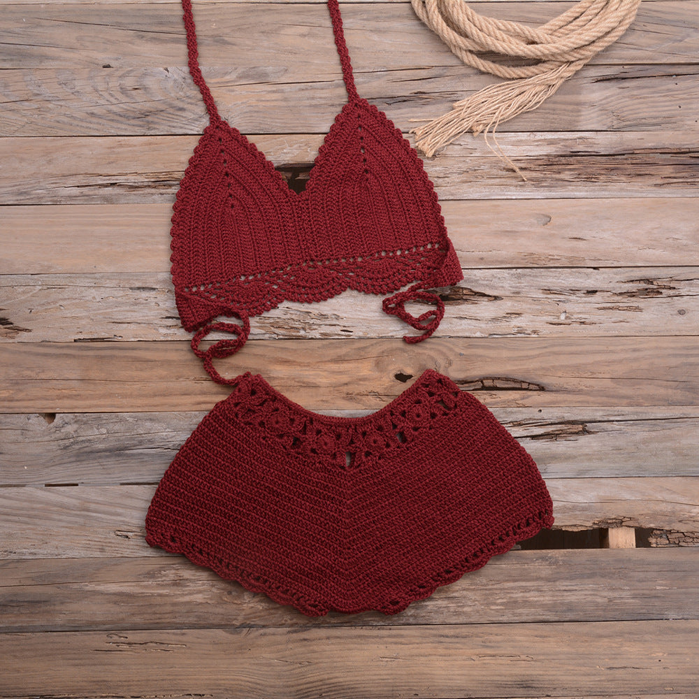 Maillot de bain bikini fendu en dentelle tissée au crochet à la main pour les sports en plein air et les vacances à la plage