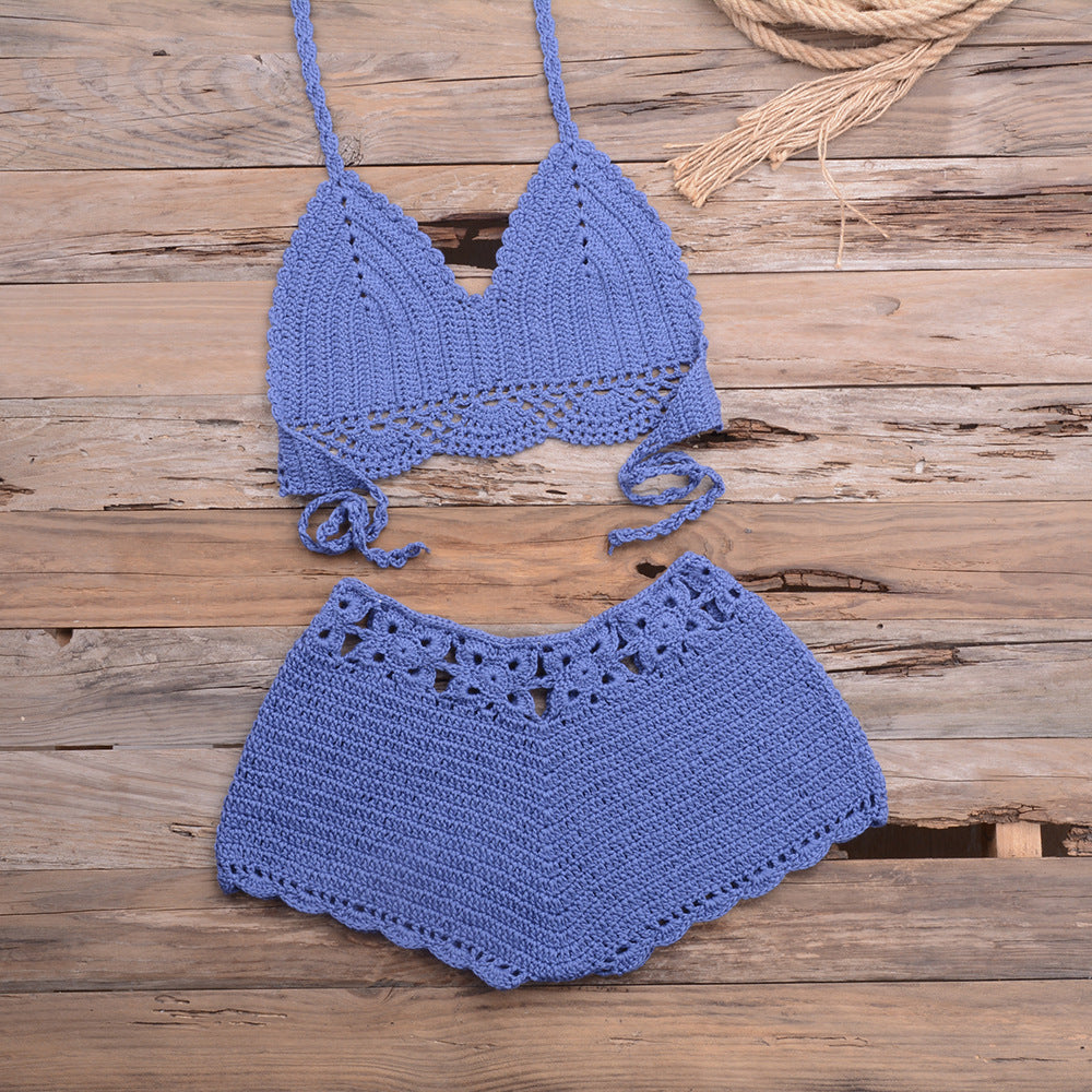 Maillot de bain bikini fendu en dentelle tissée au crochet à la main pour les sports en plein air et les vacances à la plage