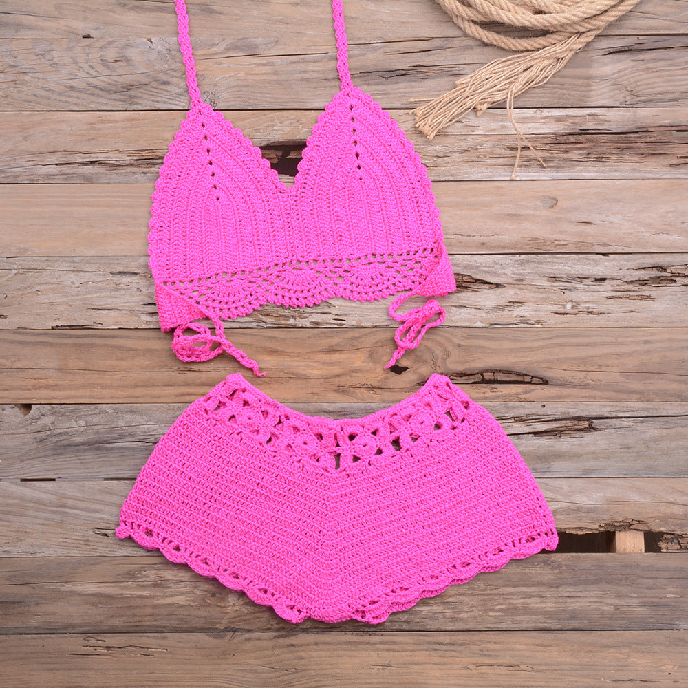 Maillot de bain bikini fendu en dentelle tissée au crochet à la main pour les sports en plein air et les vacances à la plage