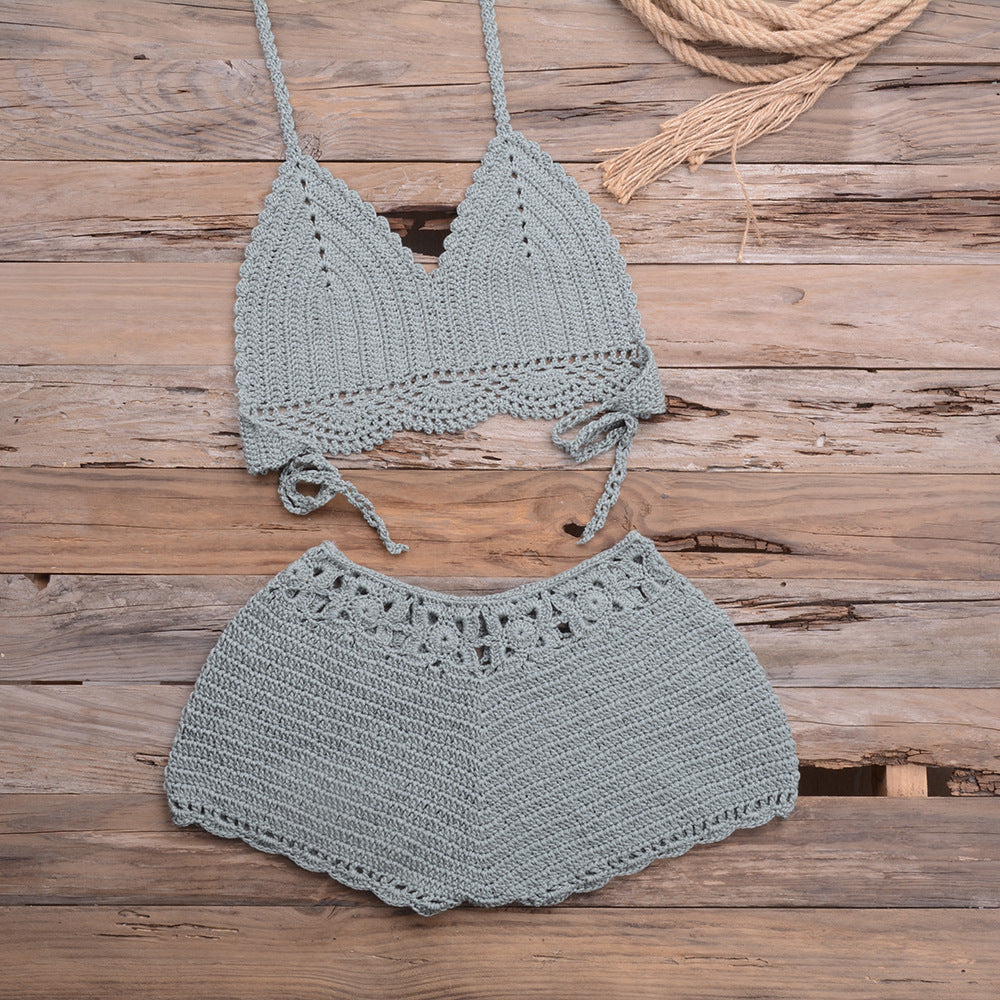 Maillot de bain bikini fendu en dentelle tissée au crochet à la main pour les sports en plein air et les vacances à la plage