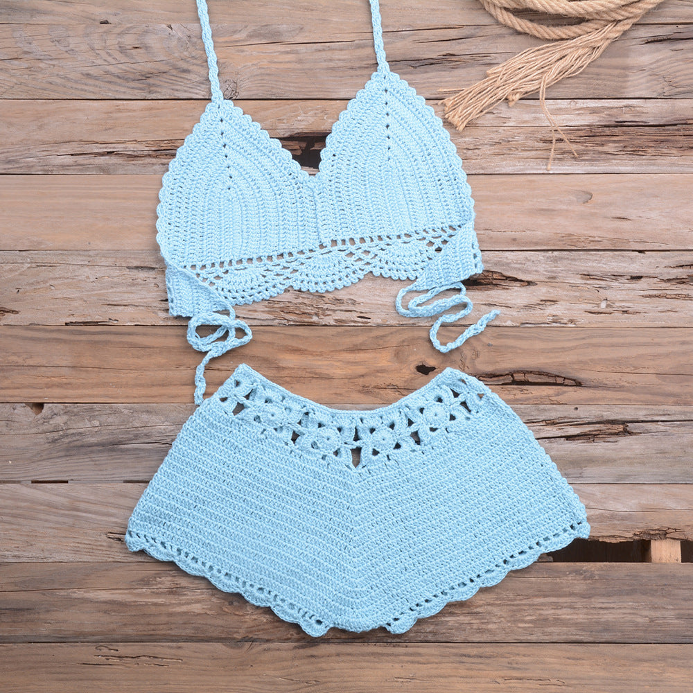 Maillot de bain bikini fendu en dentelle tissée au crochet à la main pour les sports en plein air et les vacances à la plage