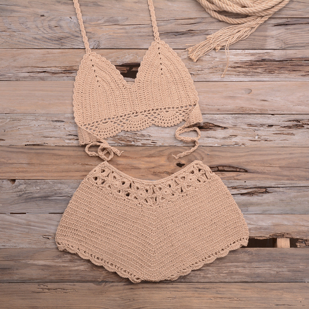 Maillot de bain bikini fendu en dentelle tissée au crochet à la main pour les sports en plein air et les vacances à la plage