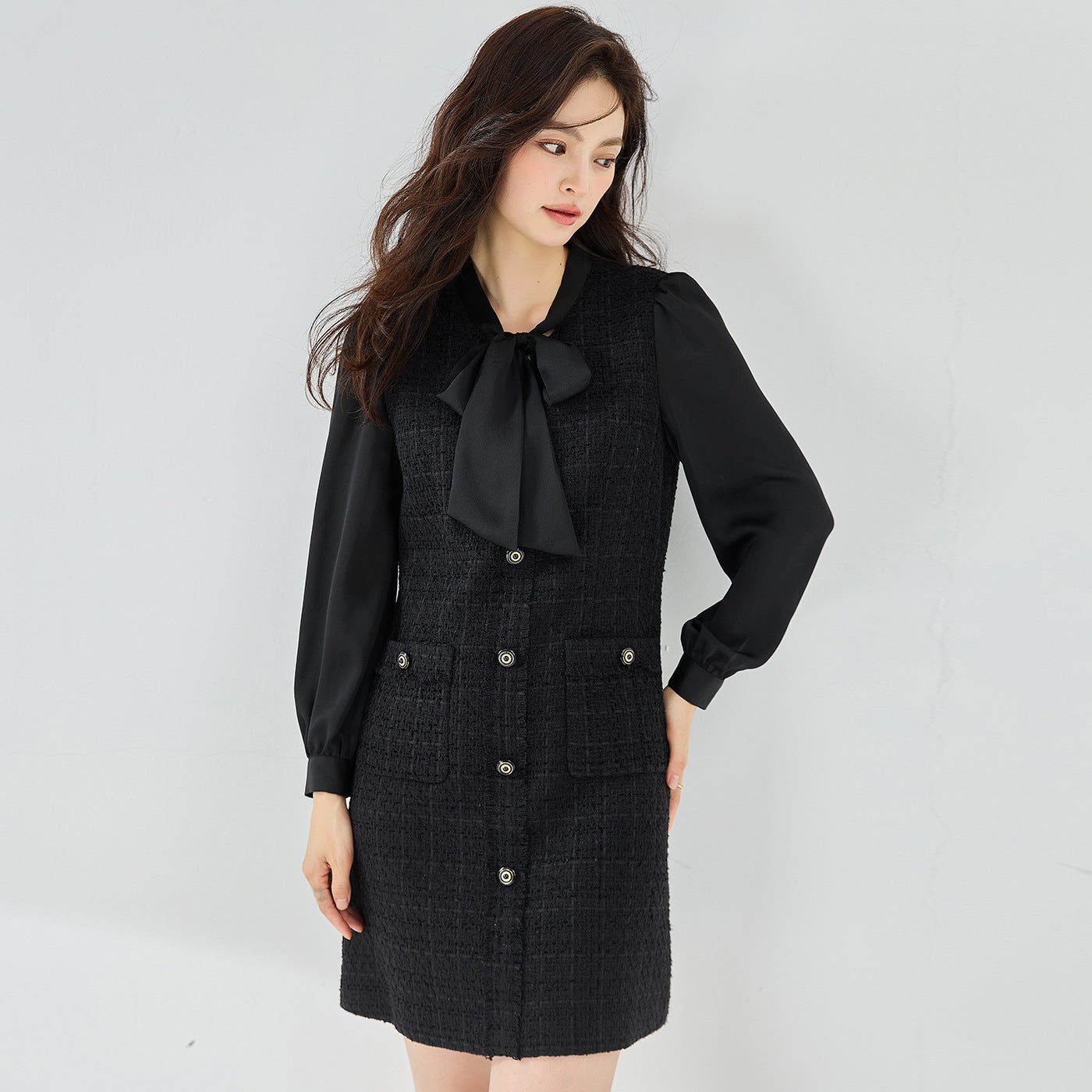 Tweed Long Sleeve Black Waist Dress