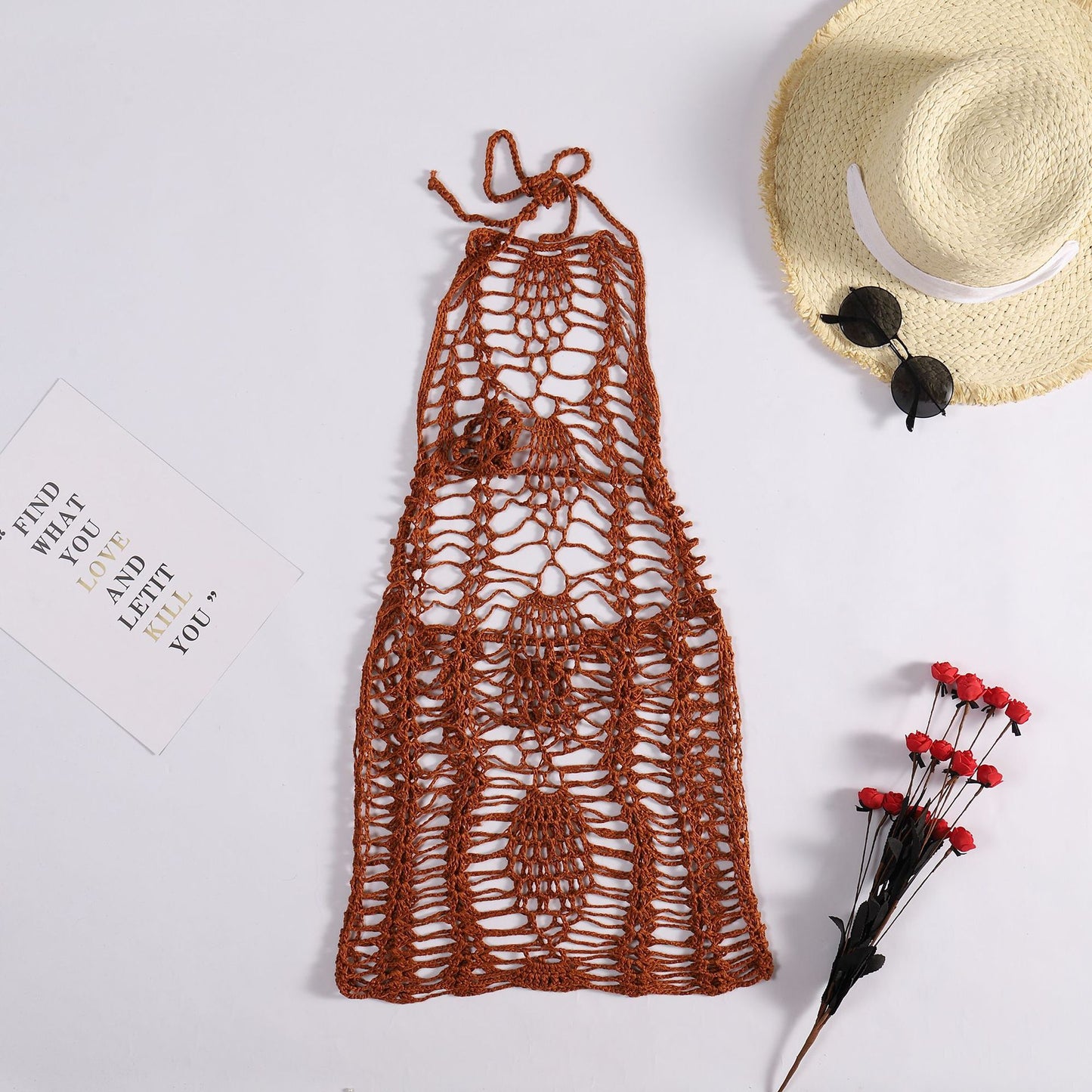 Robe de plage sexy tissée au crochet à la main tricotée ajourée découpée pour la plage, vêtements de protection solaire pour femmes