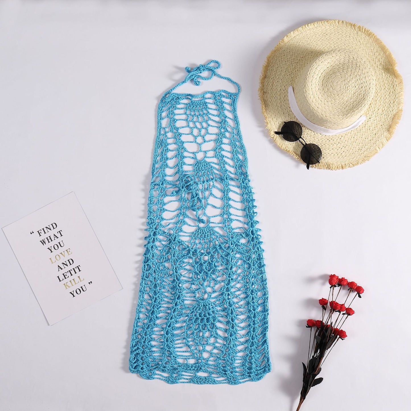 Robe de plage sexy tissée au crochet à la main tricotée ajourée découpée pour la plage, vêtements de protection solaire pour femmes