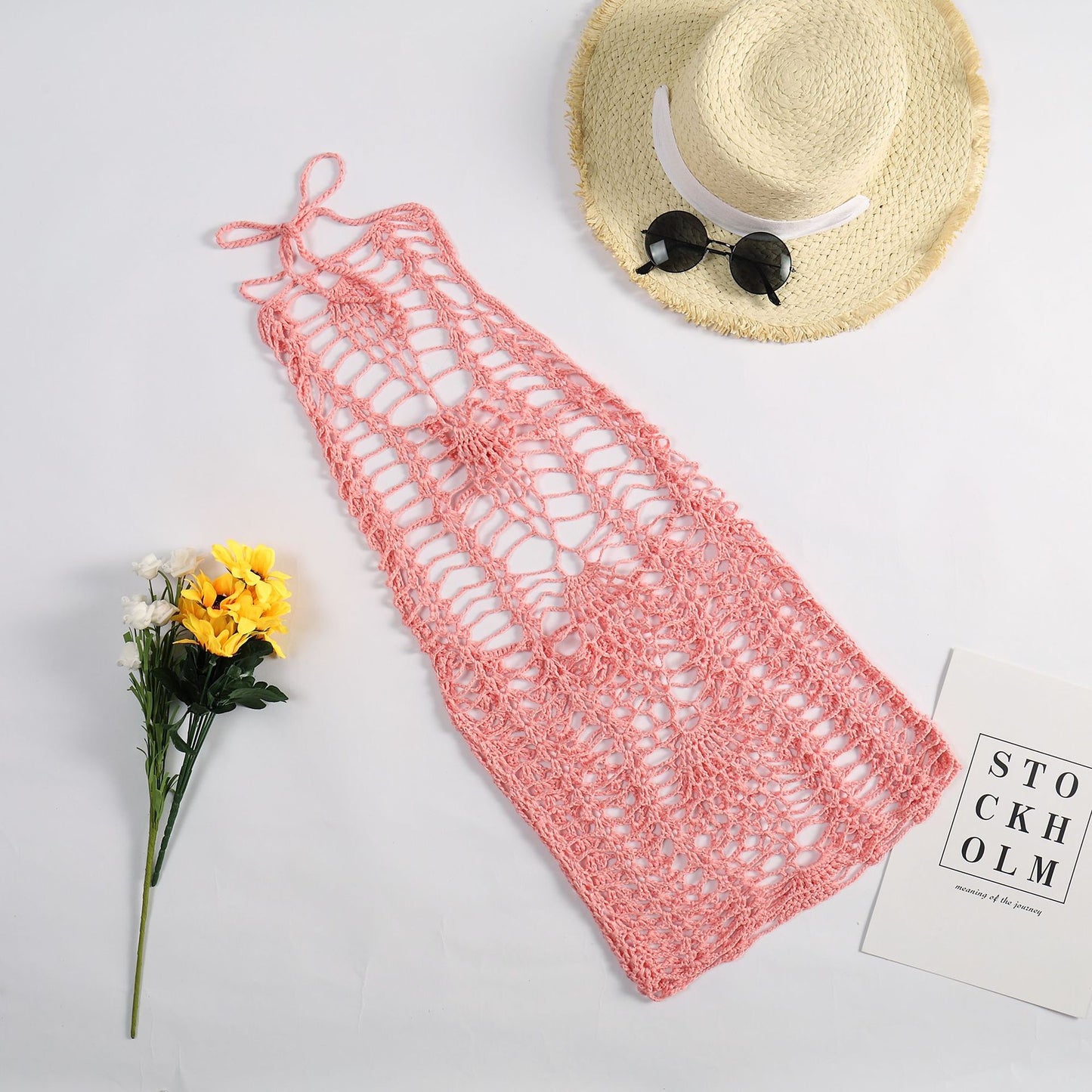 Robe de plage sexy tissée au crochet à la main tricotée ajourée découpée pour la plage, vêtements de protection solaire pour femmes