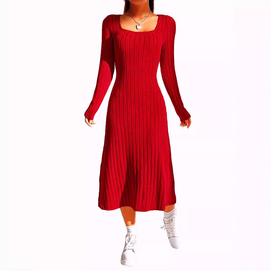 Thread Knitted Sunken Stripe Long Sleeve Big Hem Dress