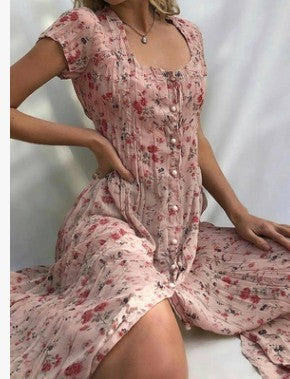 Single-breasted Floral Short-sleeved Dress