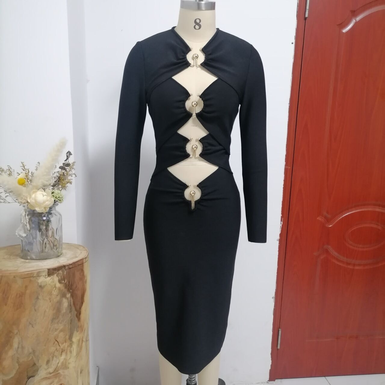 Long Sleeve Iron Hoop Pierced Black Bandage Long Dress