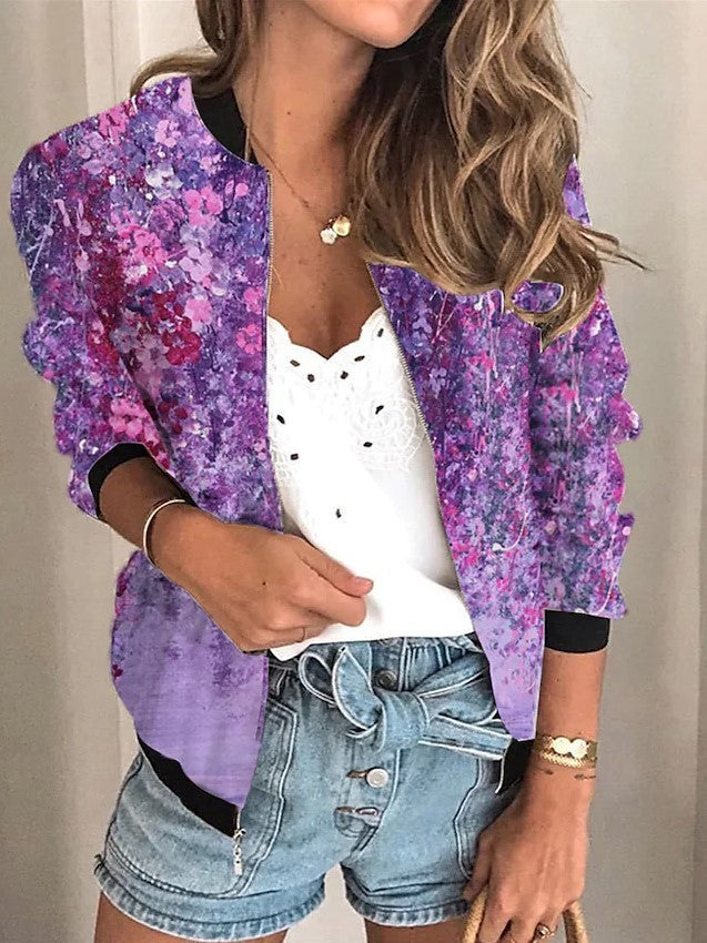 Chaqueta corta floral de manga larga con cremallera para mujer Ropa de talla grande