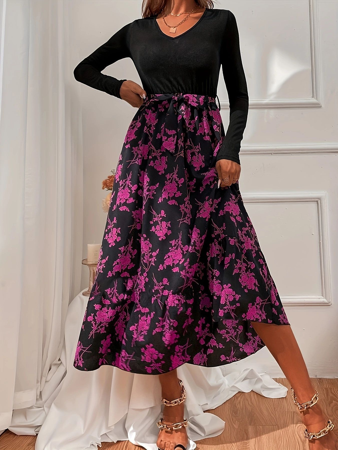 Women's V-neck Flounce Floral Dress