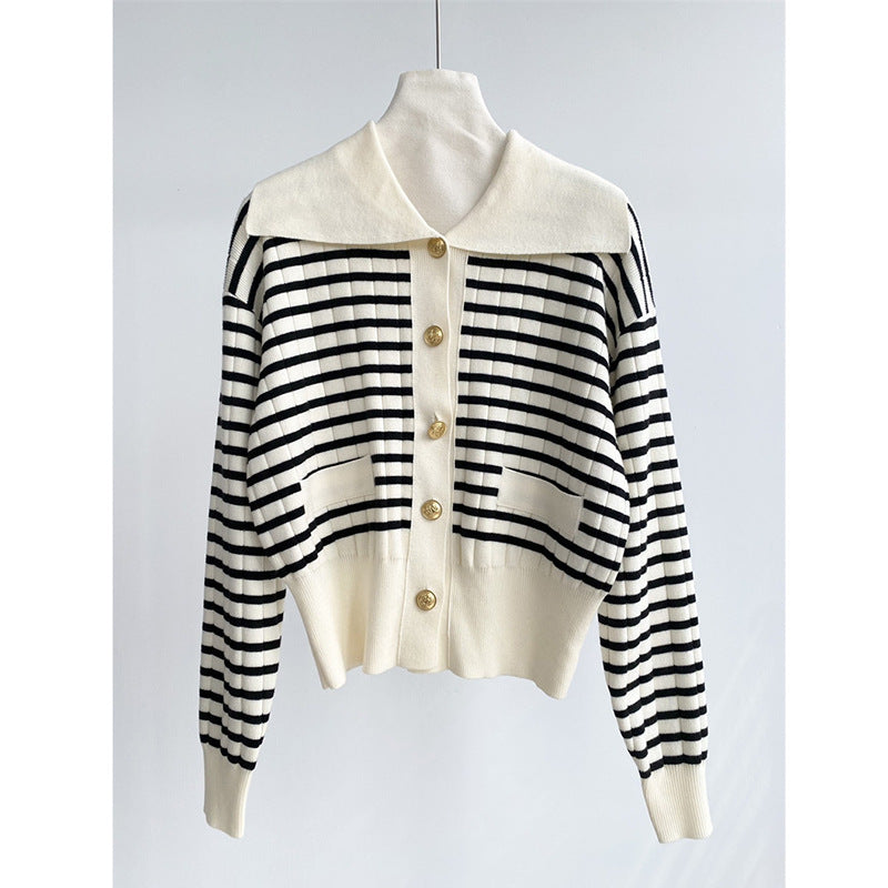 Polo Collar Stripes Cardigan Polo Collar Long Sleeve Knitted Coat