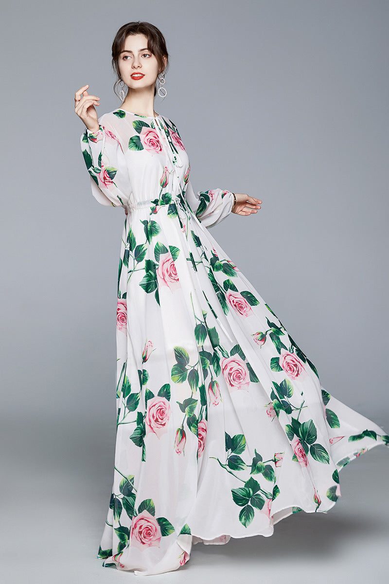 Robe trapèze à fleurs roses, robe élégante en mousseline imprimée