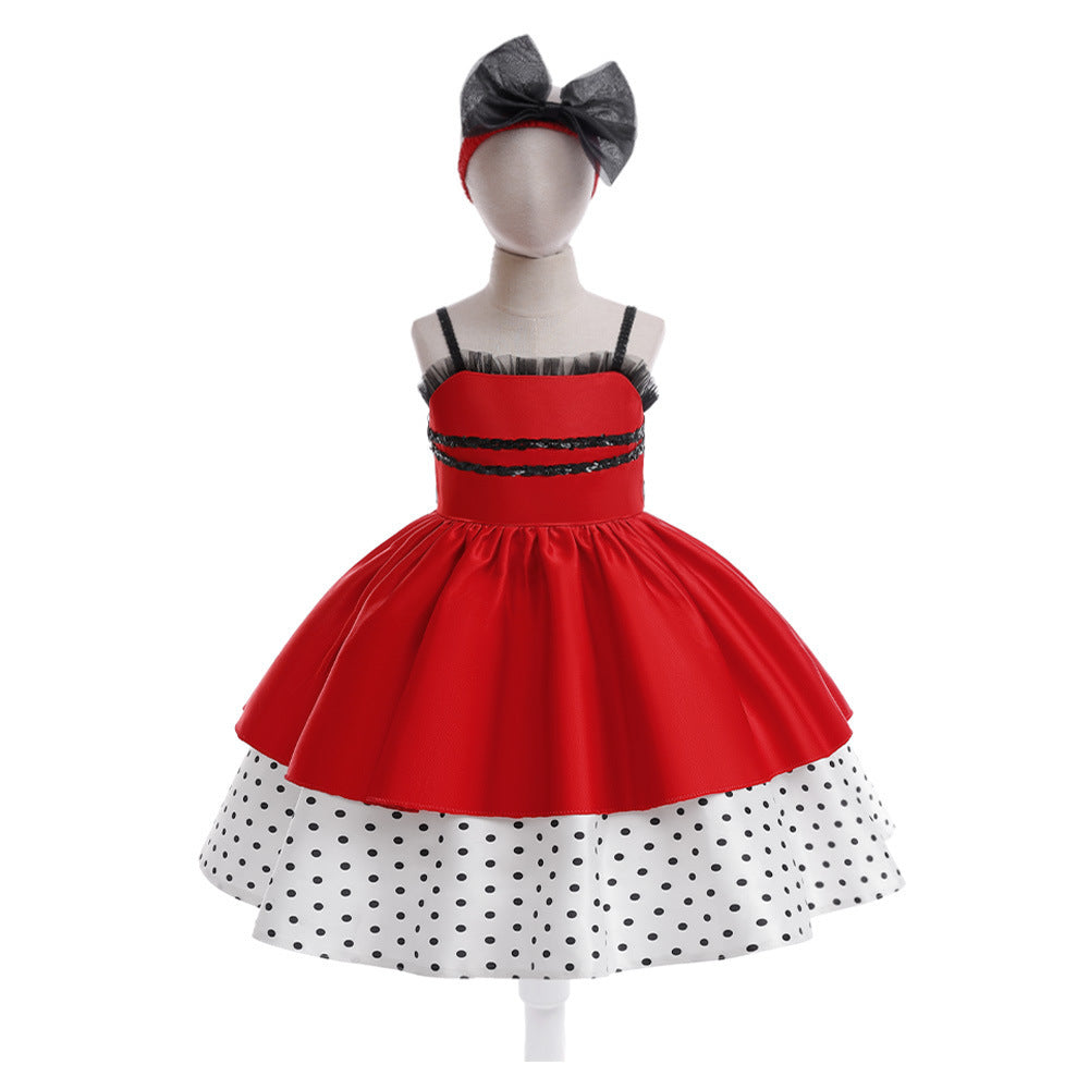 Costumes de robe à pois à coutures rouges pour filles