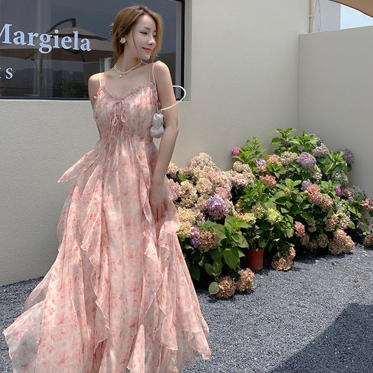 Robe à bretelles française à fleurs pour dames