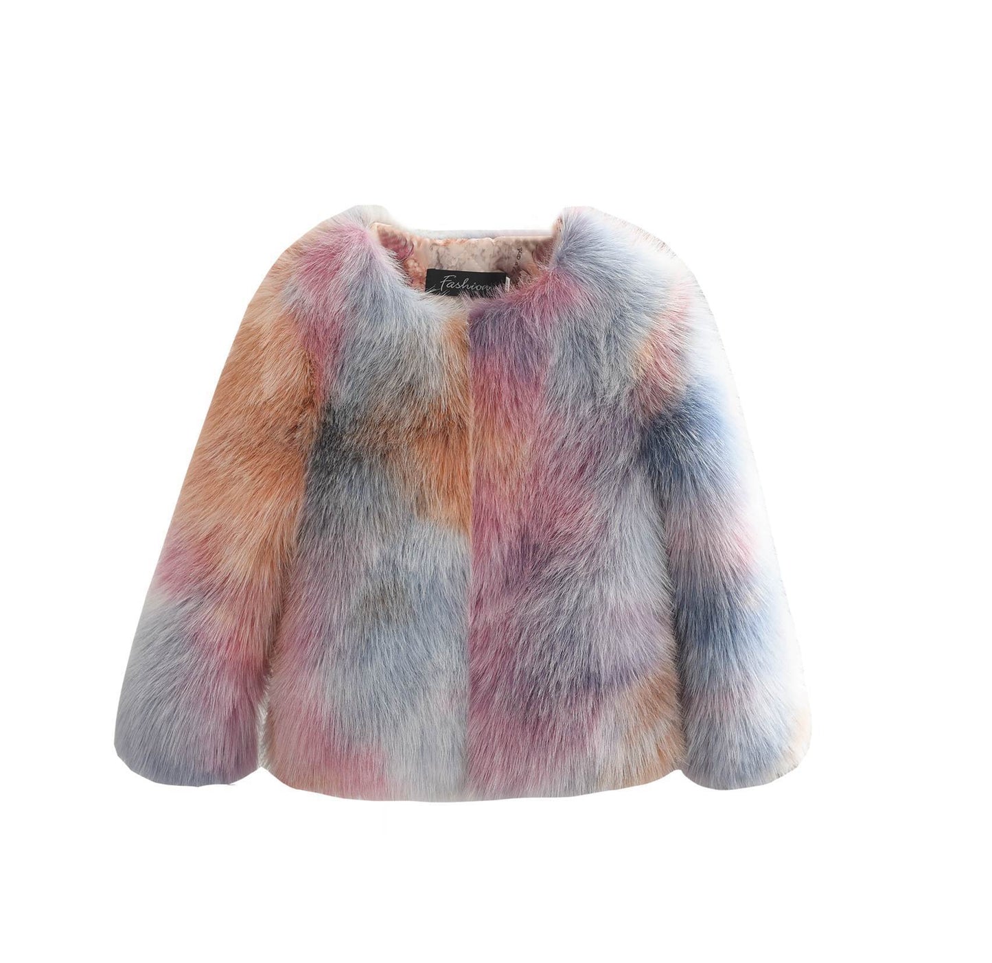 Girls' Woven Paint Contrast Fur Coat