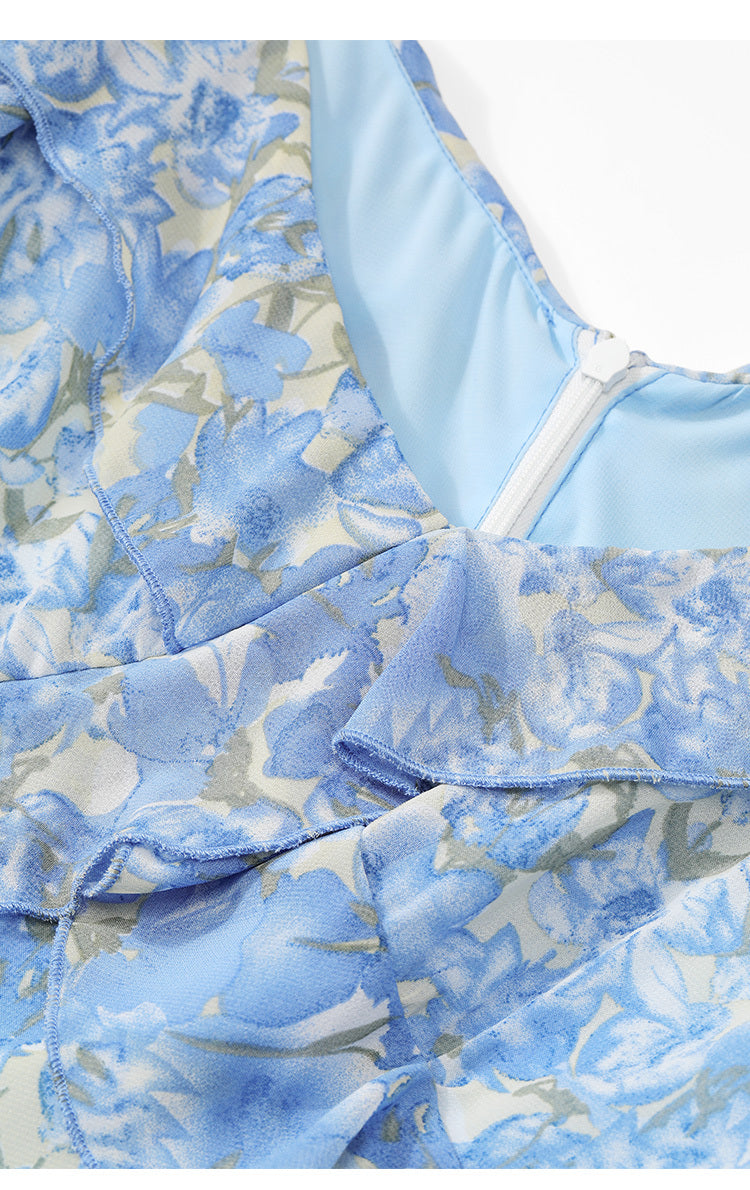 Blue Floral Suspender Dress Female