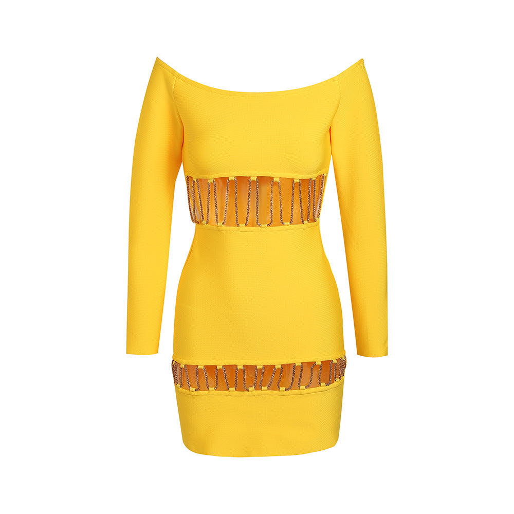 Yellow Long Sleeved Hollowed Out Chain Bandage Mini Dress