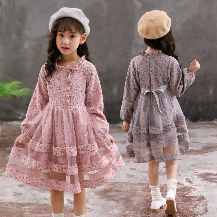 Children's Cute Long-sleeved Mesh Floral Dress