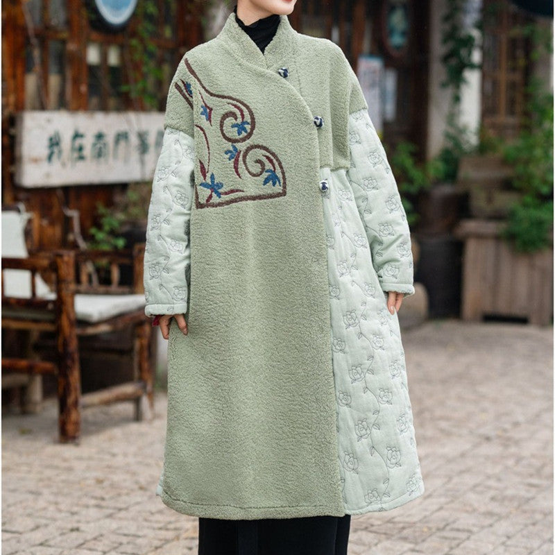 Robe longue en coton pour femme, manteau brodé de Style chinois, coutures épaisses