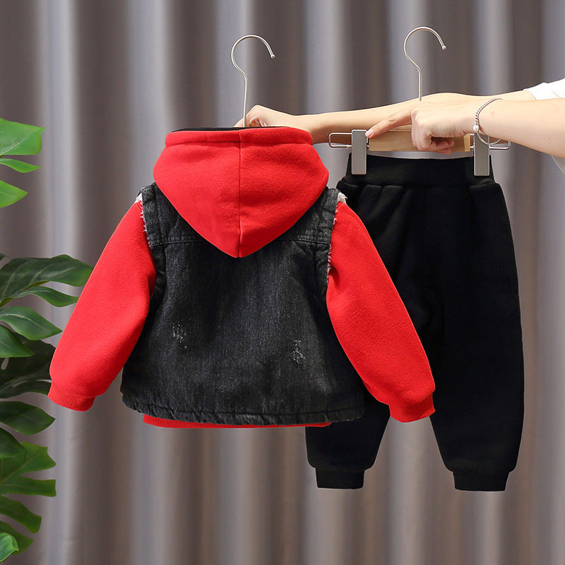 Boys and girls children's autumn and winter jeans Plush suit