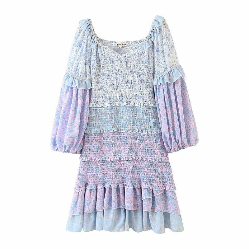 Autumn Same Romantic Floral Elastic Wooden Ear Patchwork Puff Sleeve Dress Smocked Patchwork Macthing