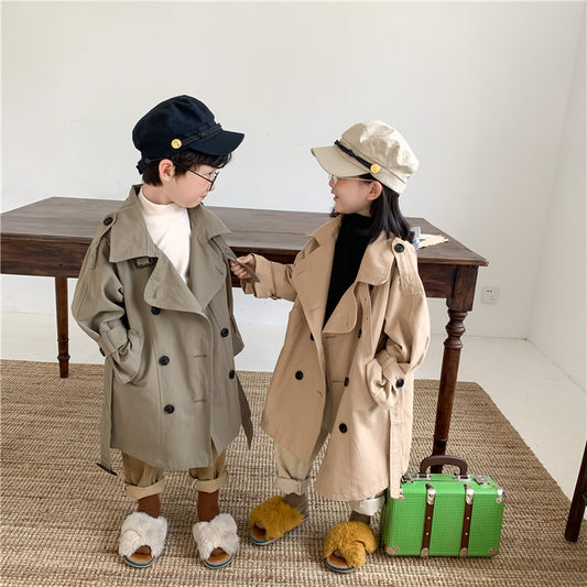 Otoño 2023 nuevo abrigo coreano niños y niñas gabardina larga solapa grande estilo de moda