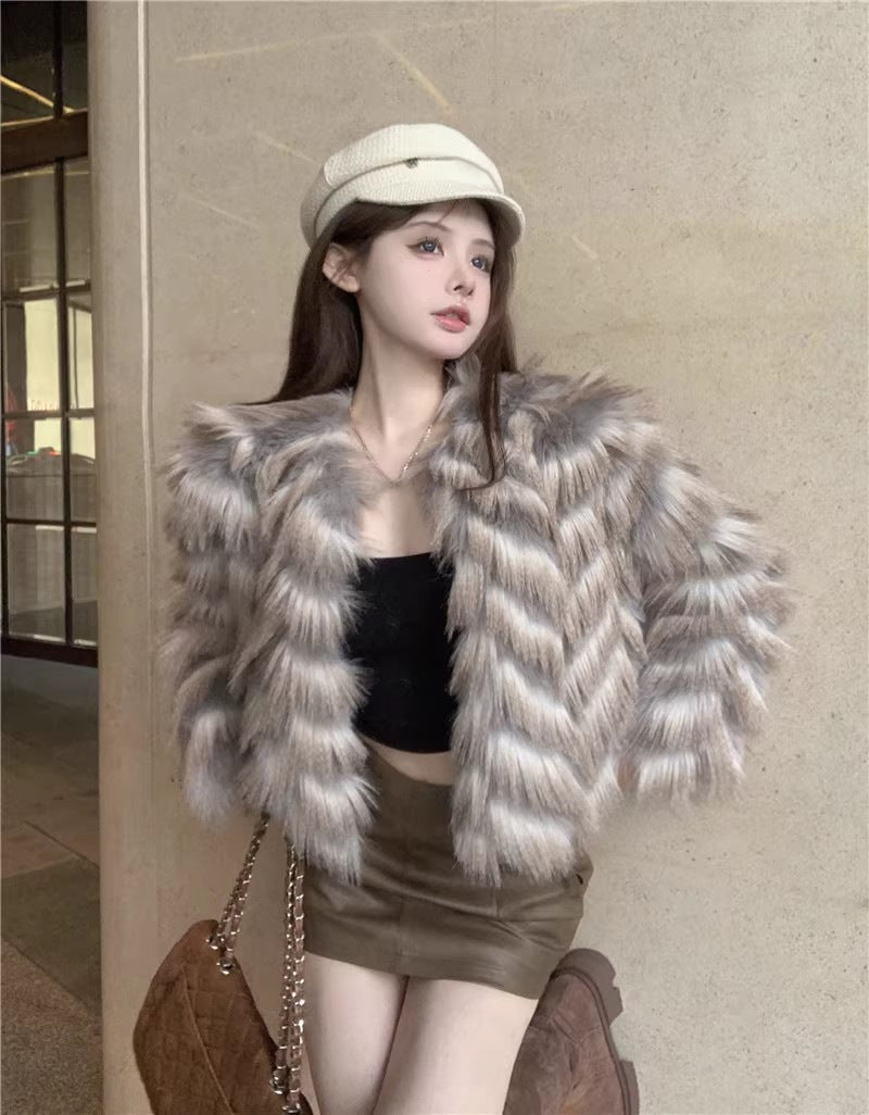 Women's Winter Plush Green Fur Cardigan Jacket