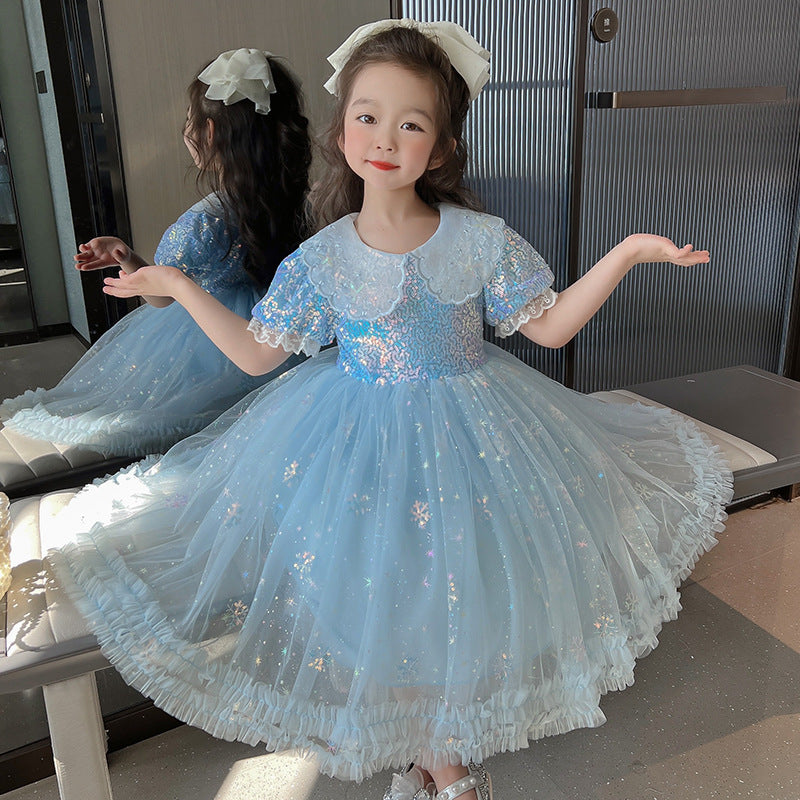 Robe d'anniversaire pour filles, col de poupée, robe de princesse parapluie à paillettes