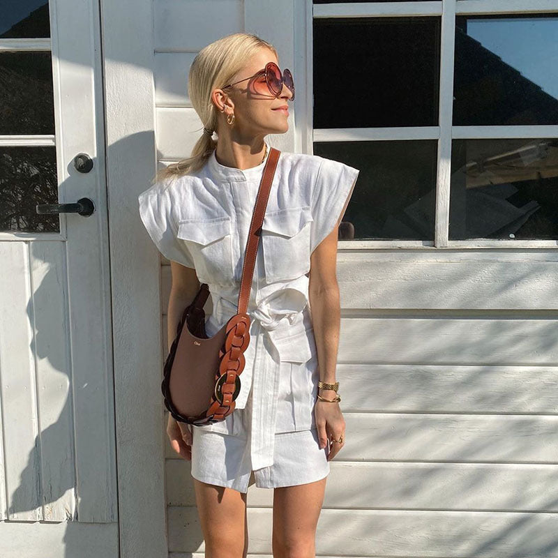 Casual fashion dress with big pocket sleeveless belt