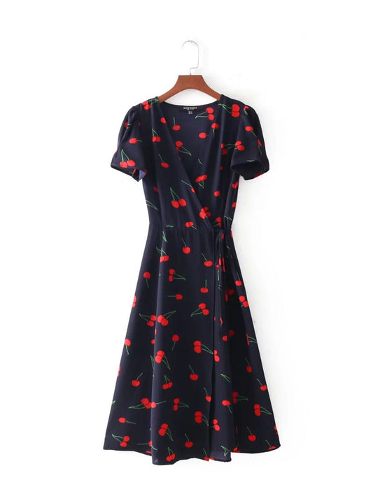 Cherry print wrap-around cute bow tie streetwear casual dress