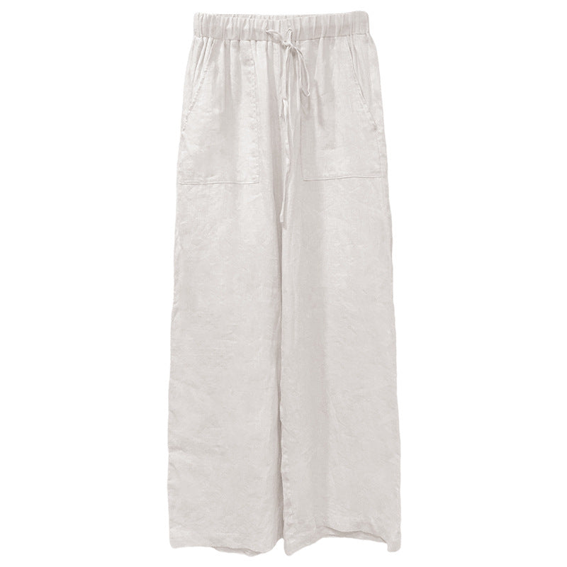 Pure Linen Lace-up Straight-leg Pants Women's Plus Size Loose Casual Trousers