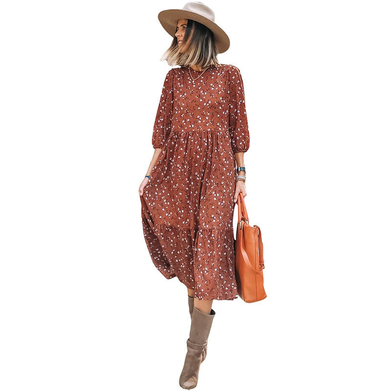 Autumn New Fashion Floral Casual Loose High Waist Slimming Midi Dress For Women