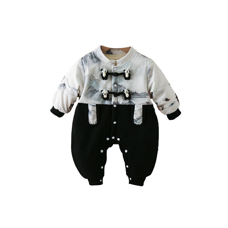 Baby Autumn National Style Cartoon Jumpsuit With Plush Climbing Suit