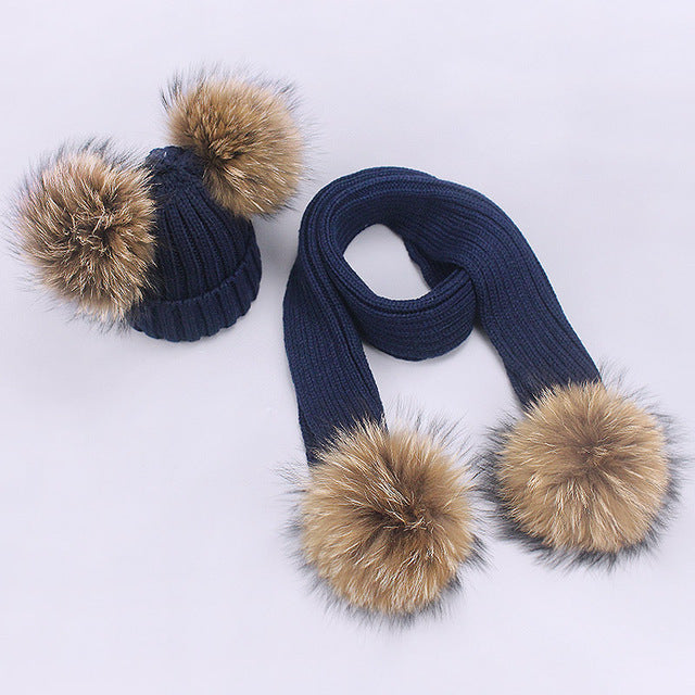 Children's Double Hair Ball Woolen Hat Scarf Set