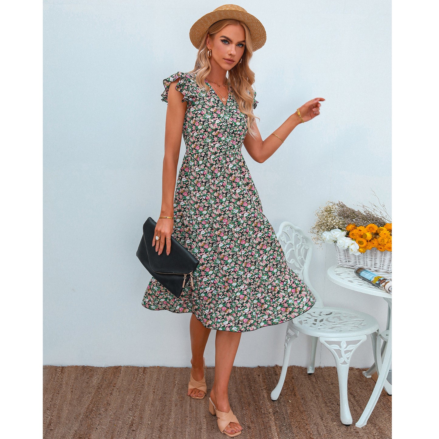 V-neck Fly-sleeve Floral Dress Long Dress