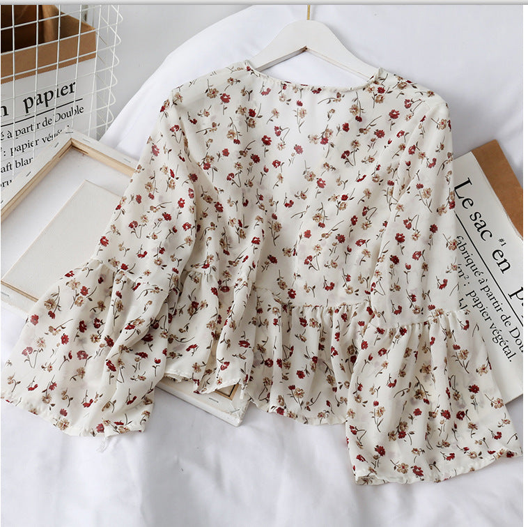 Breasted Skirt Baby Shirt Top Fresh Vintage Floral V neck Flared Sleeves Chiffon Shirt for Women