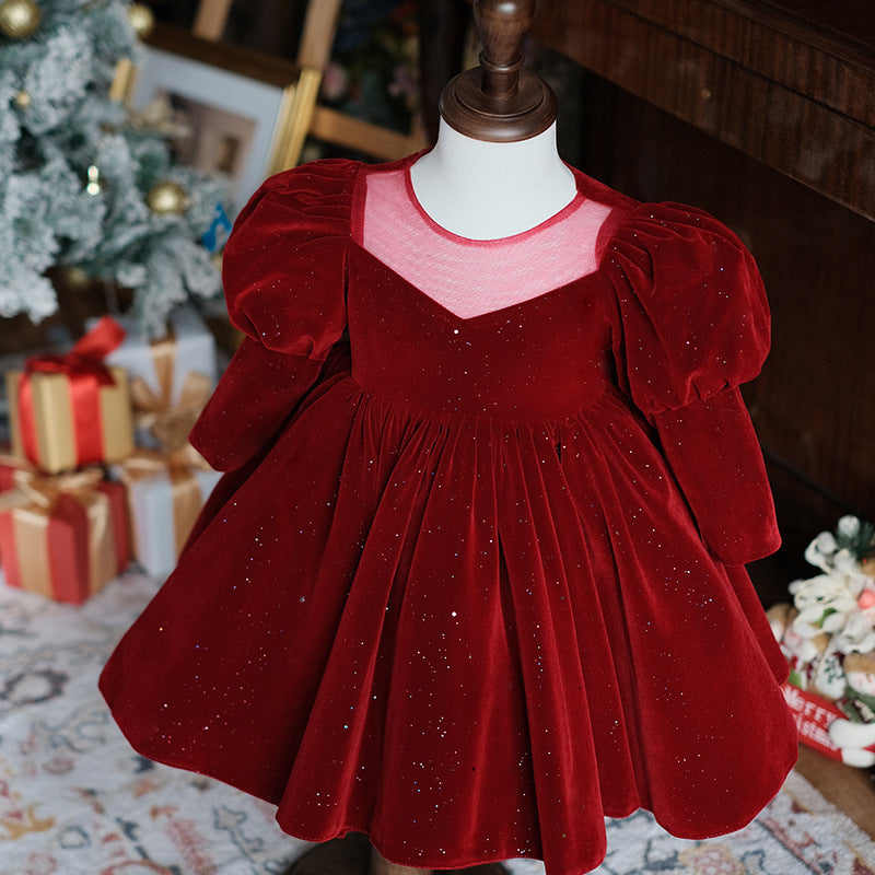 Falda de princesa de boda de niña de flores de manga larga de verano rojo vino