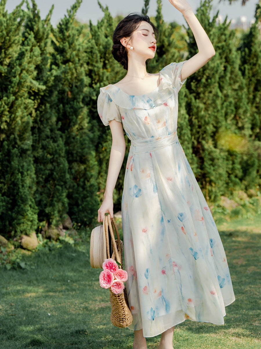 Vestido de gasa con estampado floral francés para mujer