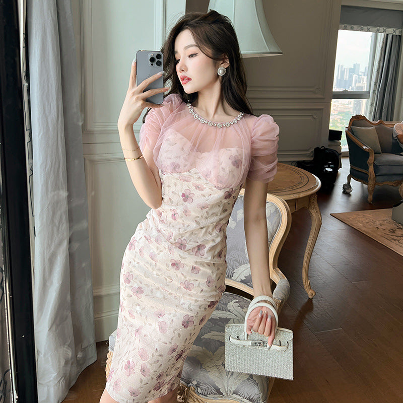 Diamond Grenadine Stitching Puff Sleeve Slim Floral Dress