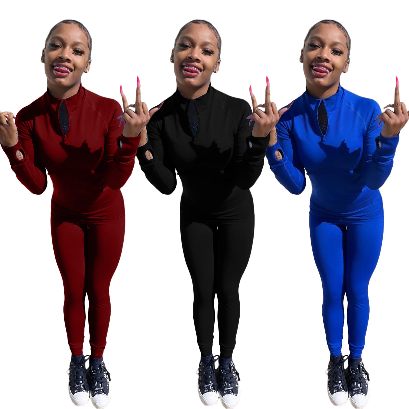 Cute Solid Color Casual with Thumb Set Sports Suit