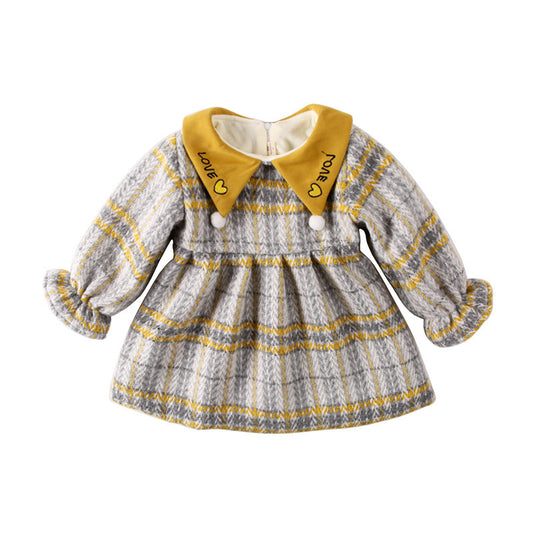 Autumn and winter plus velvet plaid thickened baby girl dress