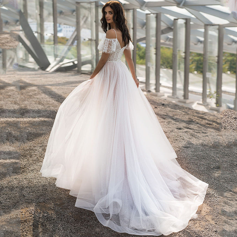 Vestido de novia ajustado, ajustado, con hombros descubiertos, largo hasta el suelo, con encaje floral, para mujer, de organza