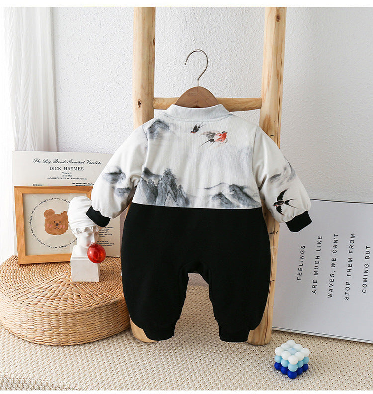 Baby Autumn National Style Cartoon Jumpsuit With Plush Climbing Suit