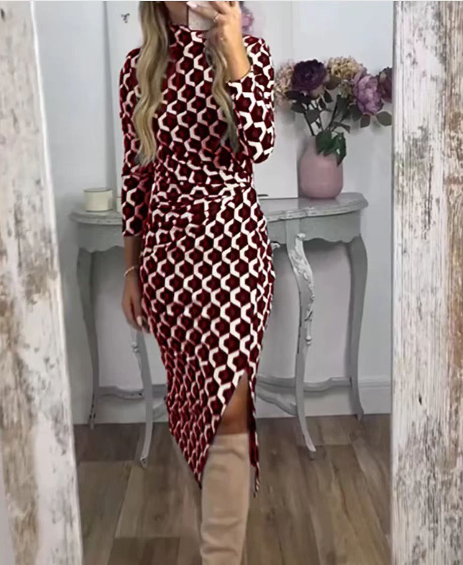 Fashion Floral Print Slit Round-neck Long-sleeved Dress Women's Clothing