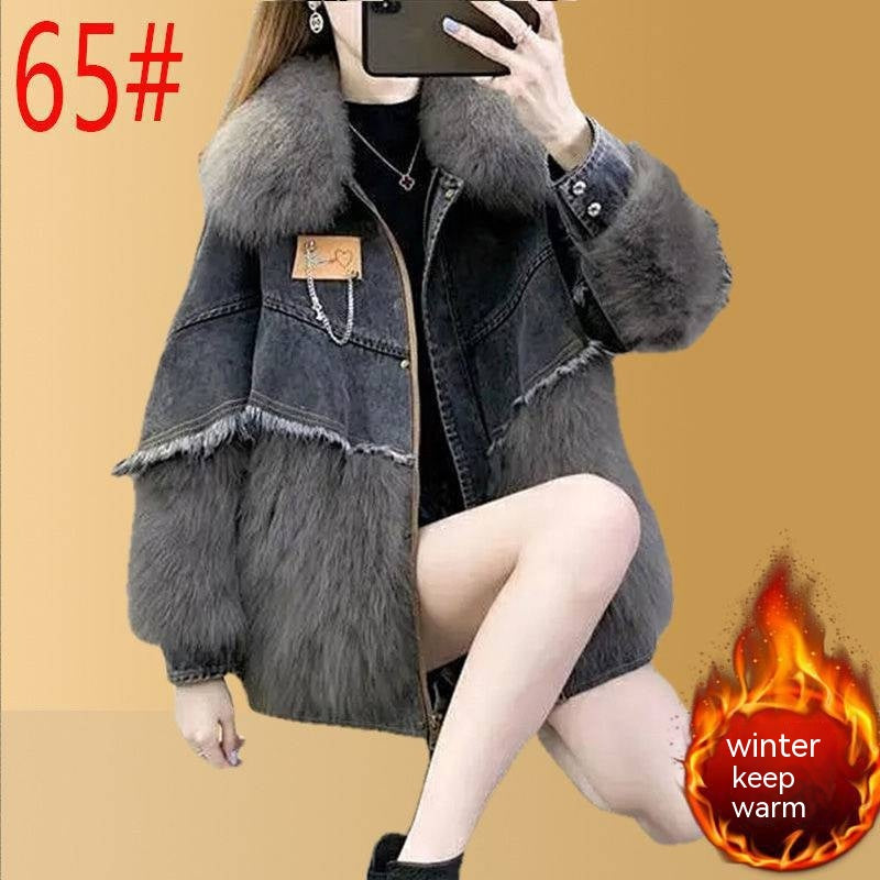 Denim Imitation Fox Fur Young Parka Women's Mid-length Fur Imitation Down